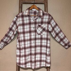 Eden & Olivia Pink Plaid Button Front Shirt Shacket Top | Maternity Friendly